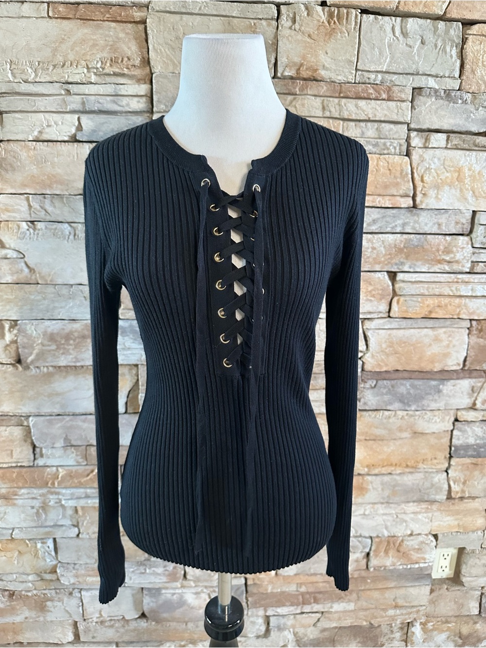 INC International Concepts Lace-Up Black Sweater